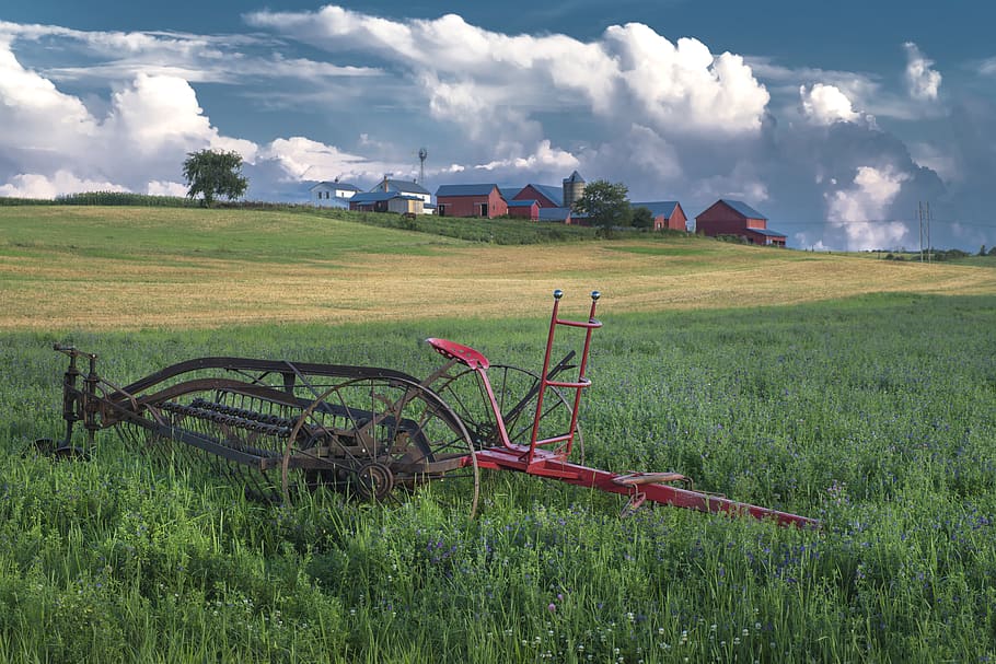 cultivator on grass field, land, plant, green color, cloud - sky HD wallpaper