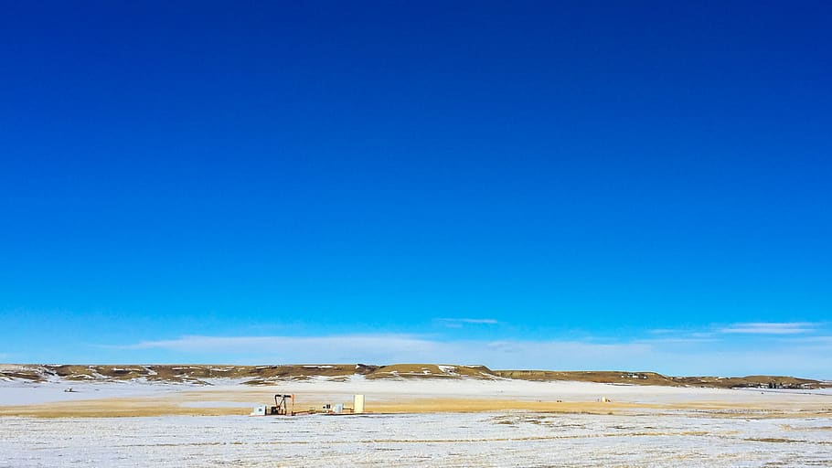 alberta, canada, field, sky, blue, snow, oil rig, expanse, prairie HD wallpaper