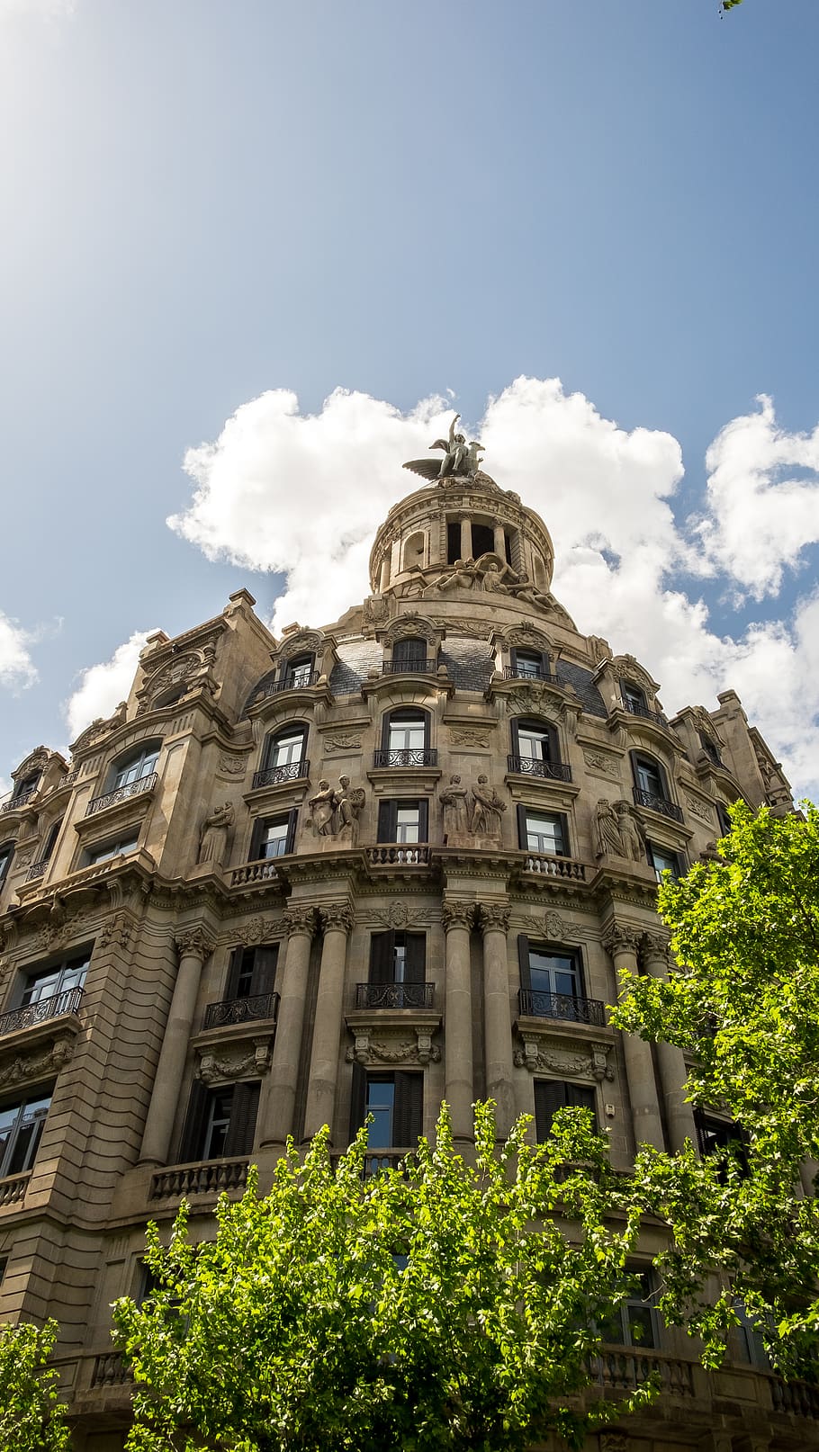 spain, barcelona, architecture, sky, trees, silhouettes, statues HD wallpaper