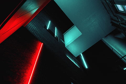 shadows, lights, blue, red, black, geometry, city, cyberpunk HD wallpaper