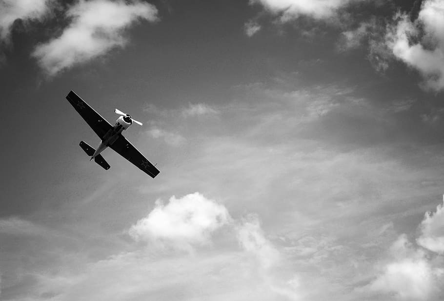 greyscale photography of plane flying, clouds, airplane, aircraft, HD wallpaper