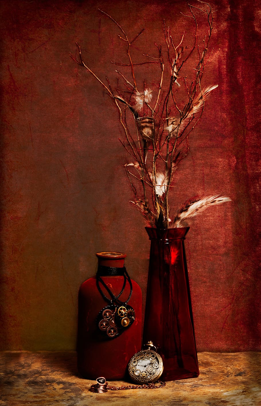 feathers, time, watch, bottle, vase, branches, brown, wall - building feature HD wallpaper