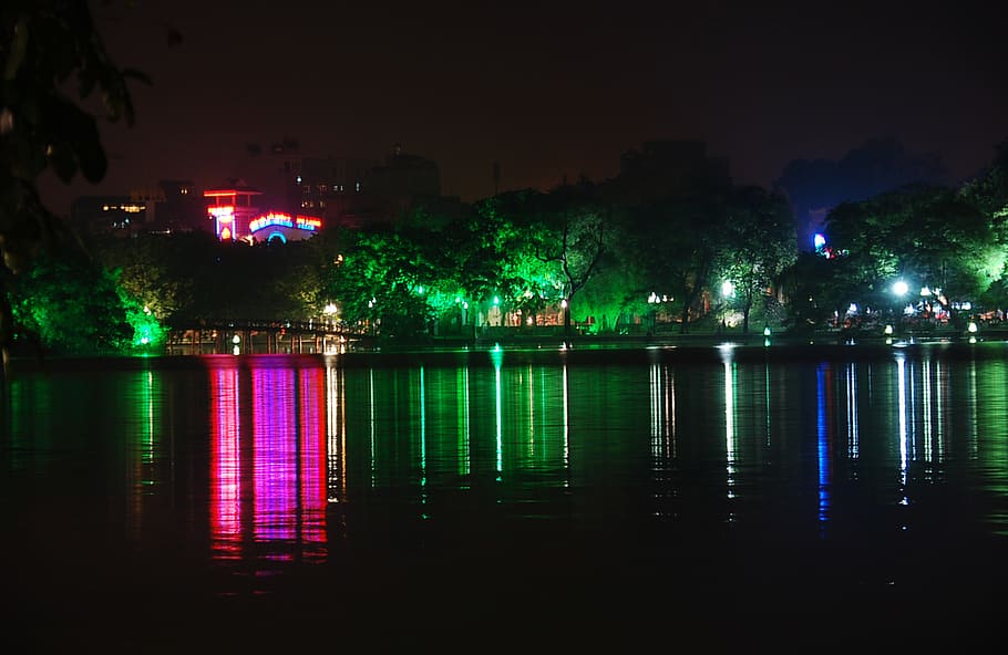 hanoi, hoan kiem lake, lake in the dark, night, reflection, HD wallpaper