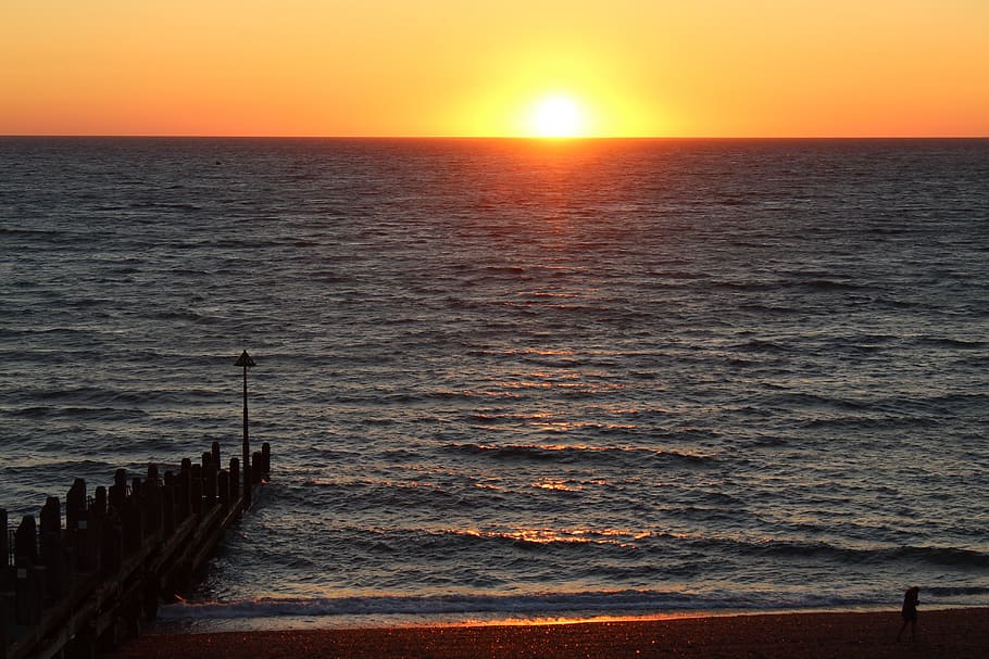 sea, sun, pier, sunset, ocean, beach, summer, landscape, silhouette HD wallpaper