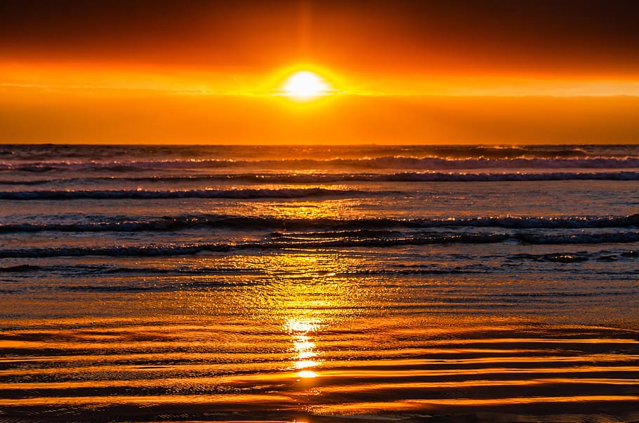 sunset, ocean, clouds, beach, sea, sky, water, landscape, nature HD wallpaper