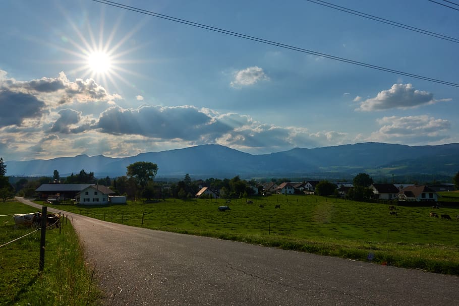 landscape, sun, road, star, sunset, clouds, sky, abendstimmung HD wallpaper