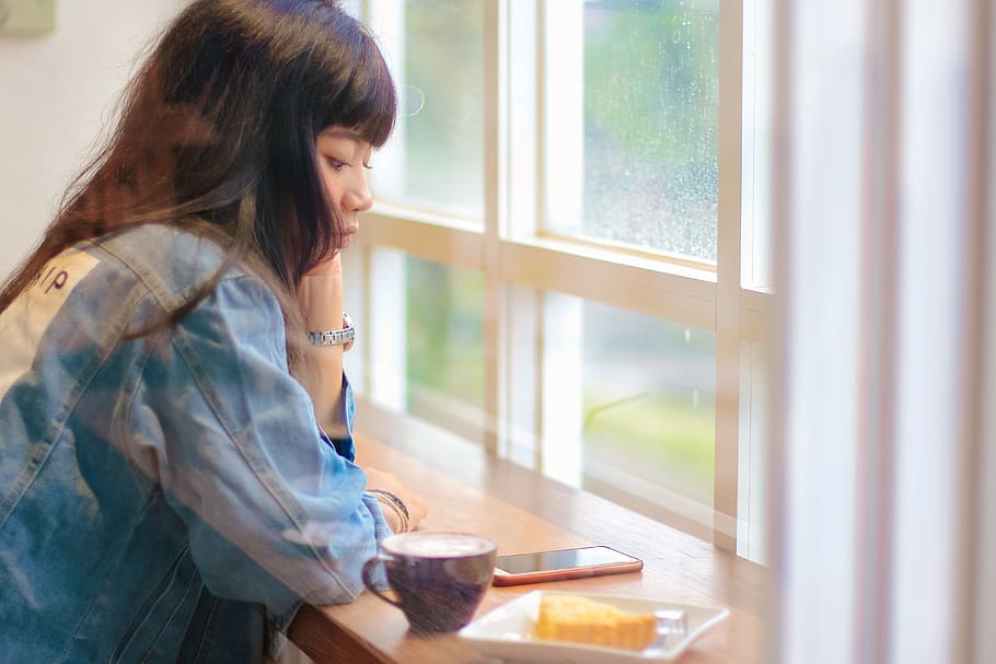 Woman In Blue Denim Jacket, alone, caffeine, coffee, cup, cup of coffee HD wallpaper