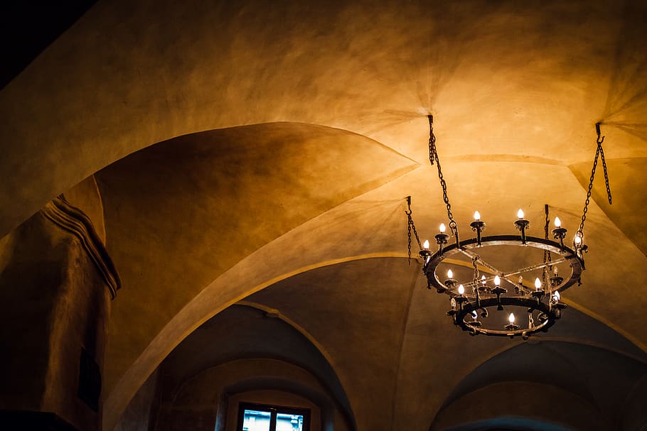 roof, light, bulbs, ceiling, chandelier, windows, architecture HD wallpaper