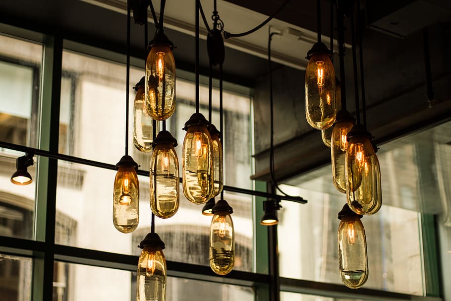 black pendant lamps with beige glass bulbs, light, interior, design HD wallpaper