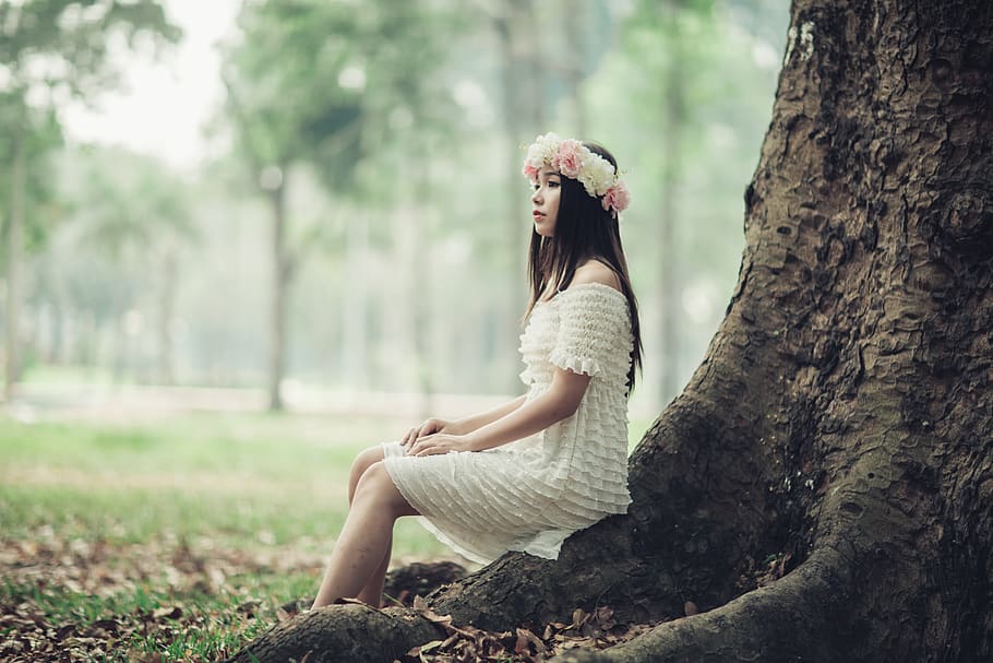 Woman Sitting on Tree Root, adult, attractive, beautiful, cute