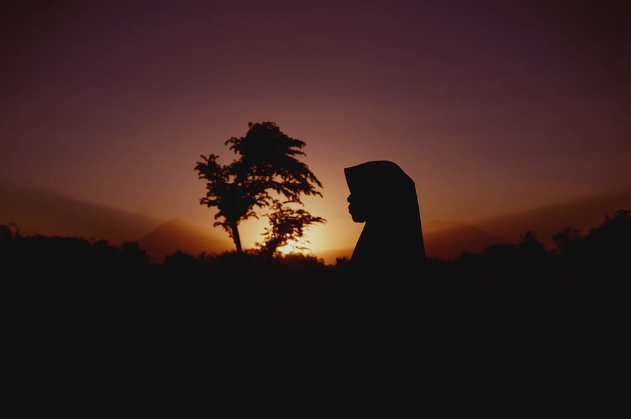 silhouette of woman and tree, headscarf, burqa, hijab, sunset, HD wallpaper