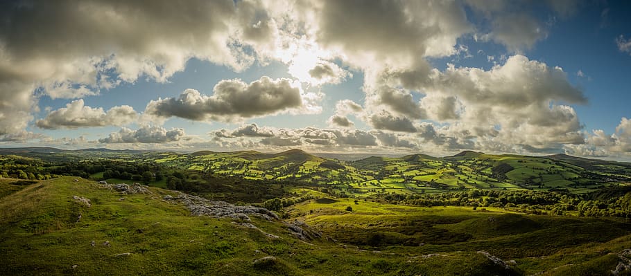 Mountains Under White Clouds, beautiful, dawn, field, grass, hillside HD wallpaper