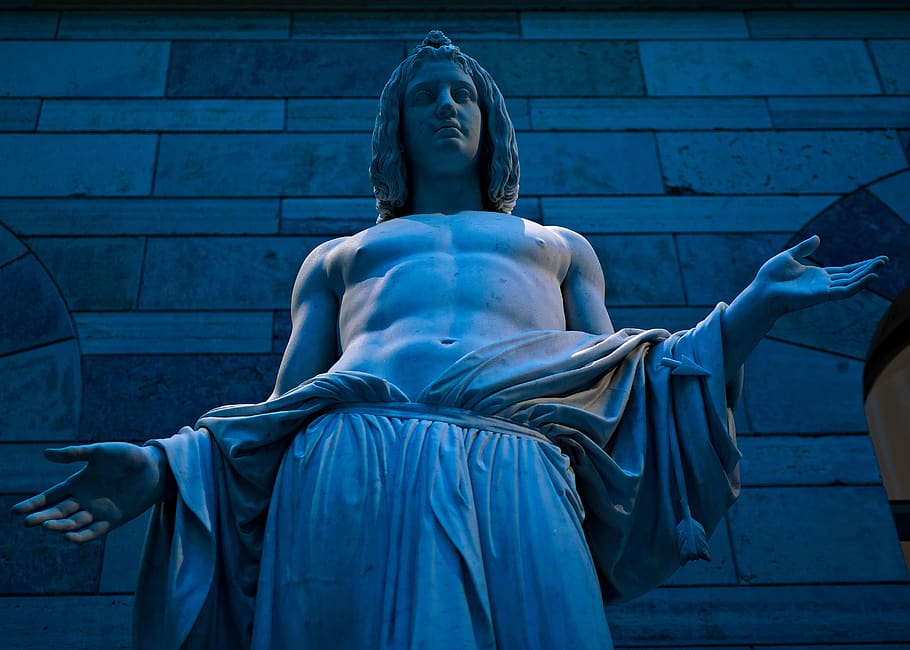 man in white robe statute, statue, blue, sitting, human representation HD wallpaper