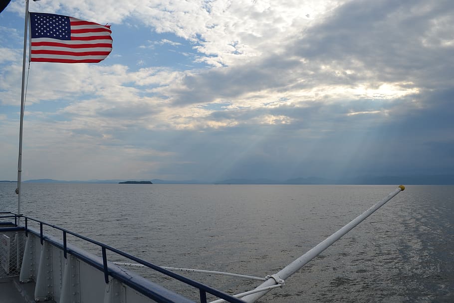 flag, symbol, railing, banister, handrail, lake champlain, vt ferry ride, HD wallpaper