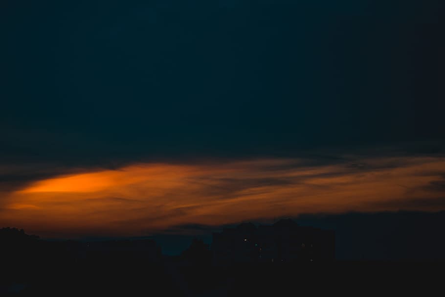 white cloud, sky, blue, orange, sunset, city, sea, skyline, dark HD wallpaper