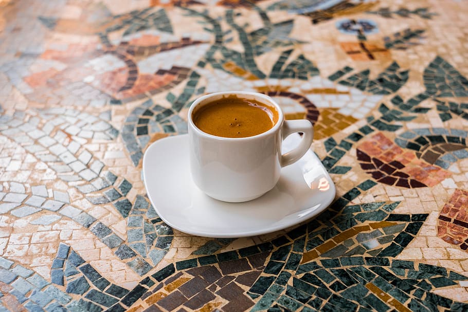 ceramic teacup with lattte, coffee cup, pottery, saucer, cyprus HD wallpaper