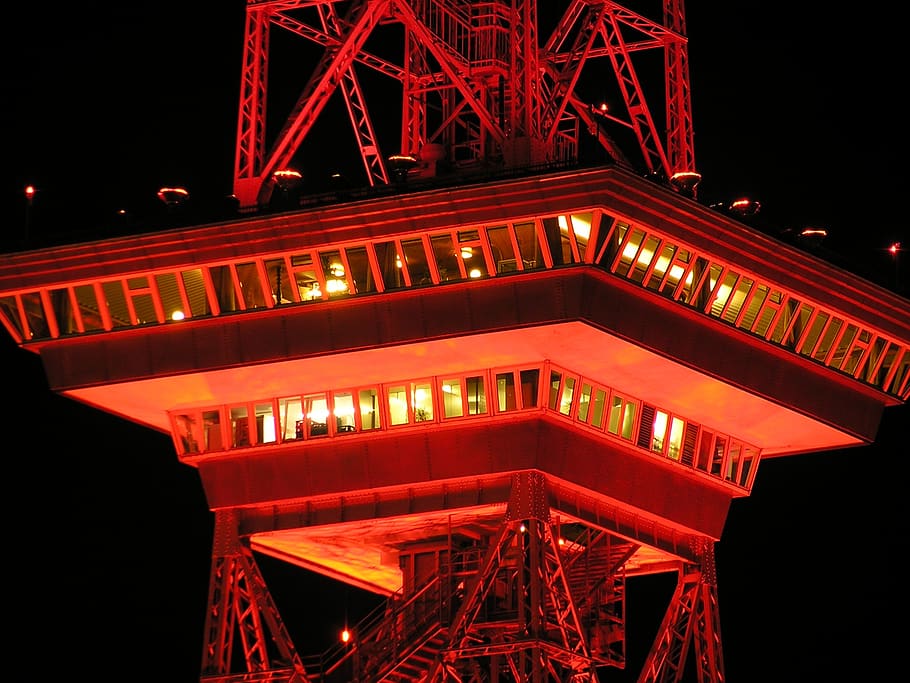 Red Metal Tower at Nighttime, cn tower, evening, illuminated HD wallpaper