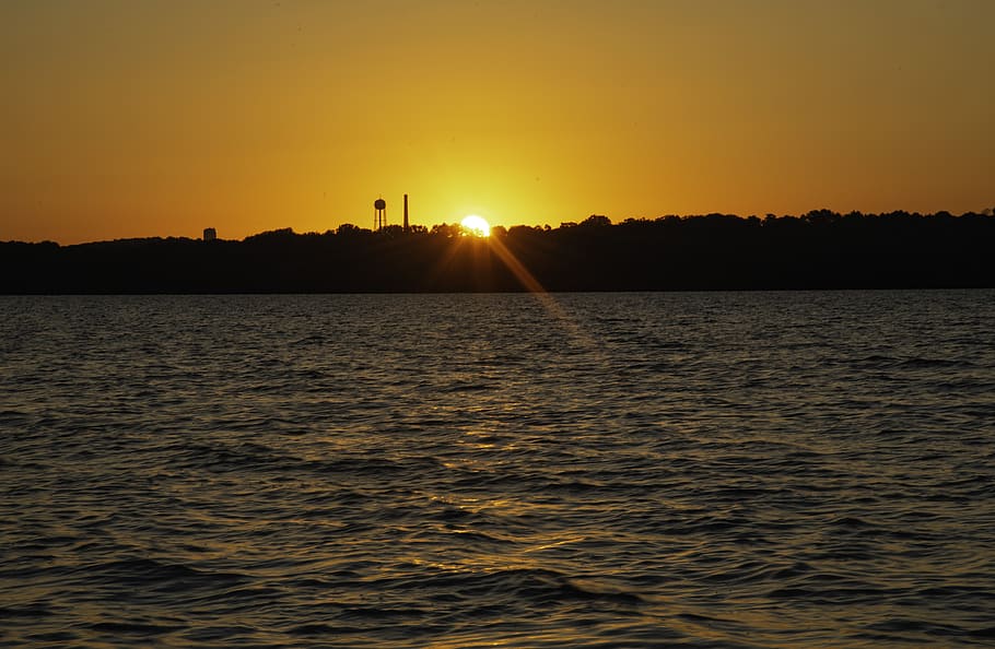 landscape, seascape, sky, red, sunrise, morning, daybreak, water tower HD wallpaper