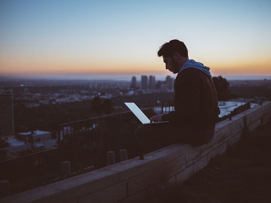 people, man, dark, night, sunset, silhouette, alone, laptop HD wallpaper