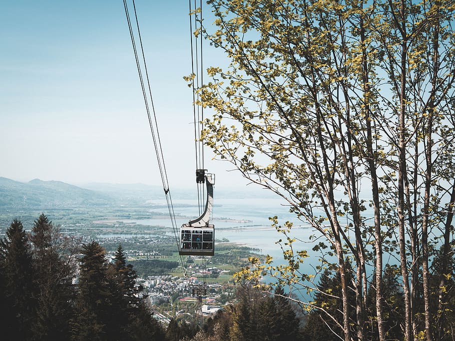 White Cable Car, cables, daylight, environment, high, lake, landscape HD wallpaper