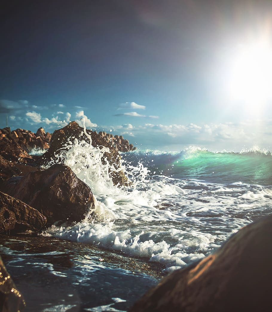 wave splashing on rocks, beauty in nature, sky, water, scenics - nature HD wallpaper