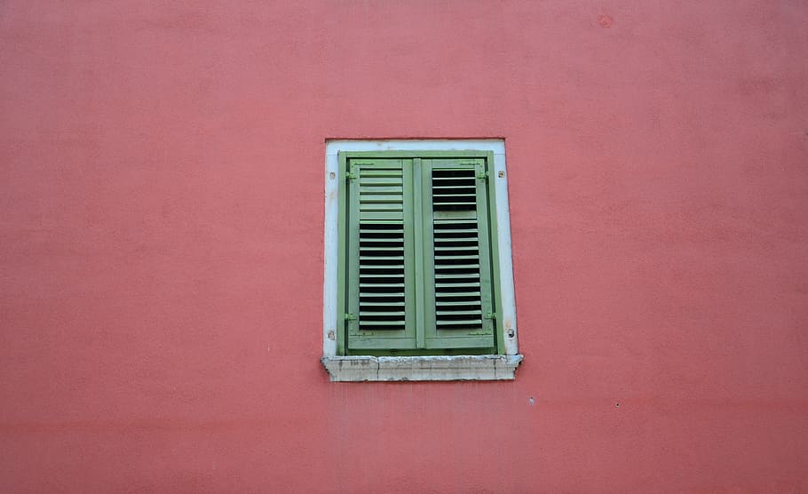 shutters, window, red wall, architecture, house, facade, old, HD wallpaper