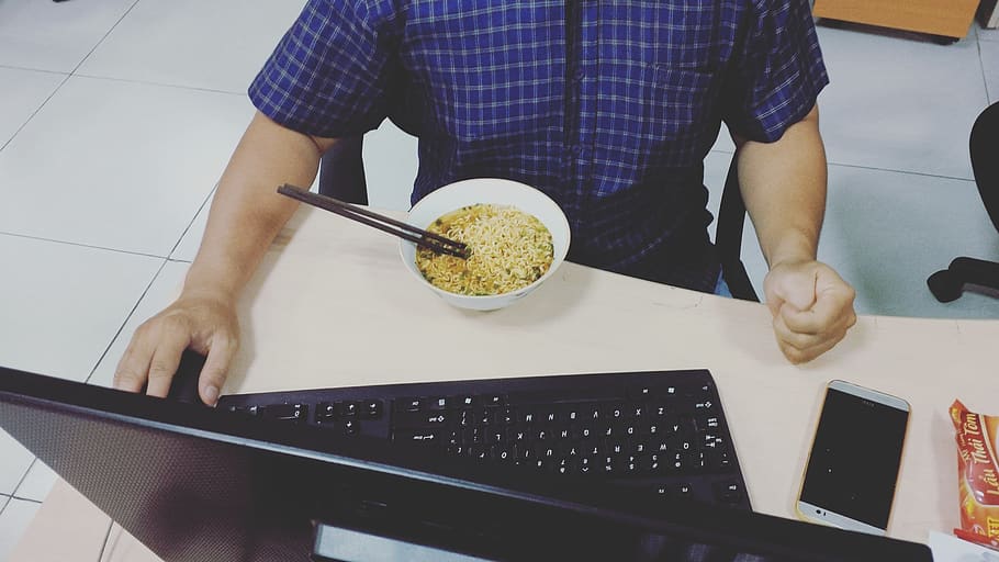 work, computer, over time, instant noodles, one person, indoors HD wallpaper