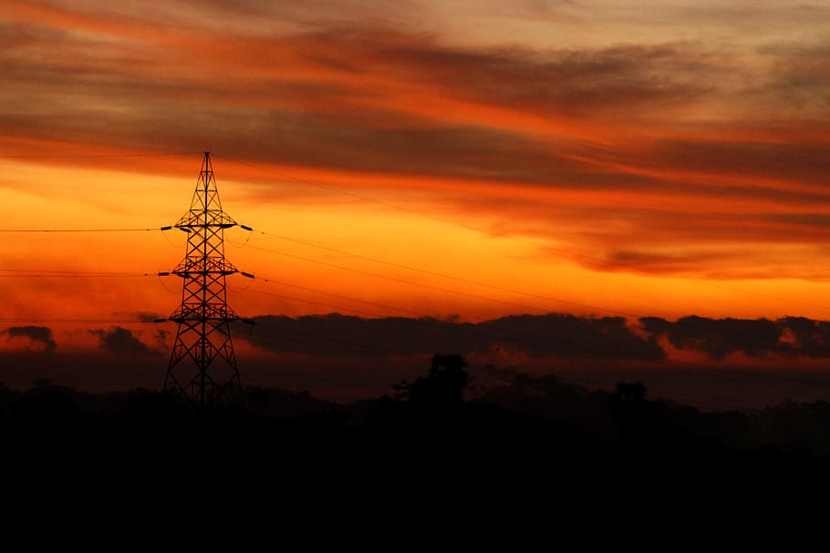 Transmission Tower during Golden Hour, backlit, clouds, dark HD wallpaper