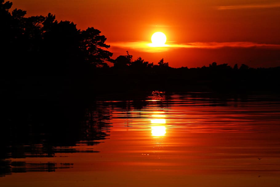 stockholm archipelago, sweden, sunset, lake, trees, silhouette