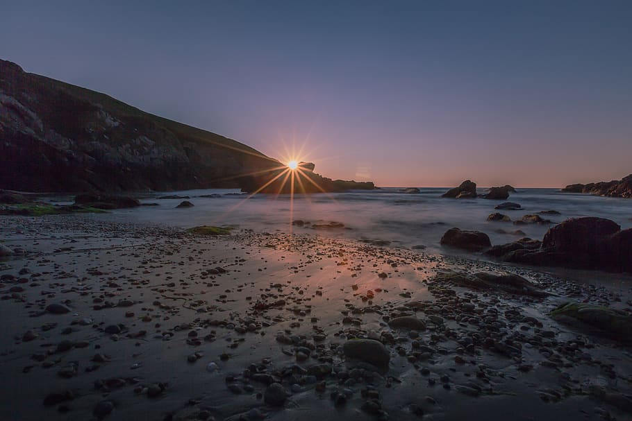 sunset, shore, beach, rocks, sea, sky, scenics - nature, beauty in nature HD wallpaper