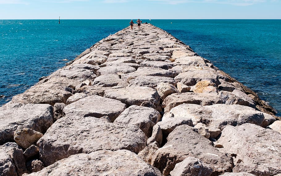 sea, wharf, water, rock, solid, rock - object, horizon, horizon over water HD wallpaper
