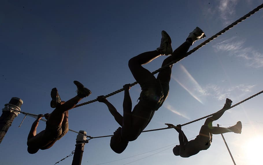 Three Man Climbing on Rope Under the Sunset, action, body, clouds HD wallpaper