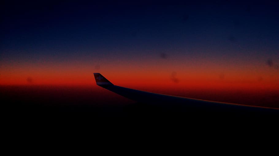 aeroplane, sunset, orange, silhouette, dusk, sky, air vehicle HD wallpaper