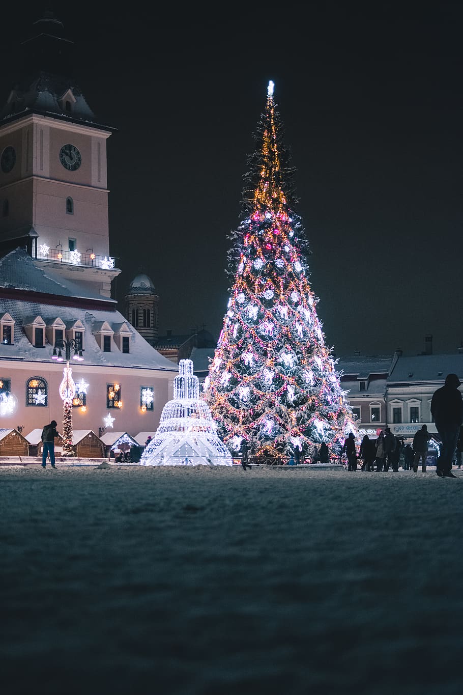 lighted giant Christmas tree, ornament, plant, person, human HD wallpaper