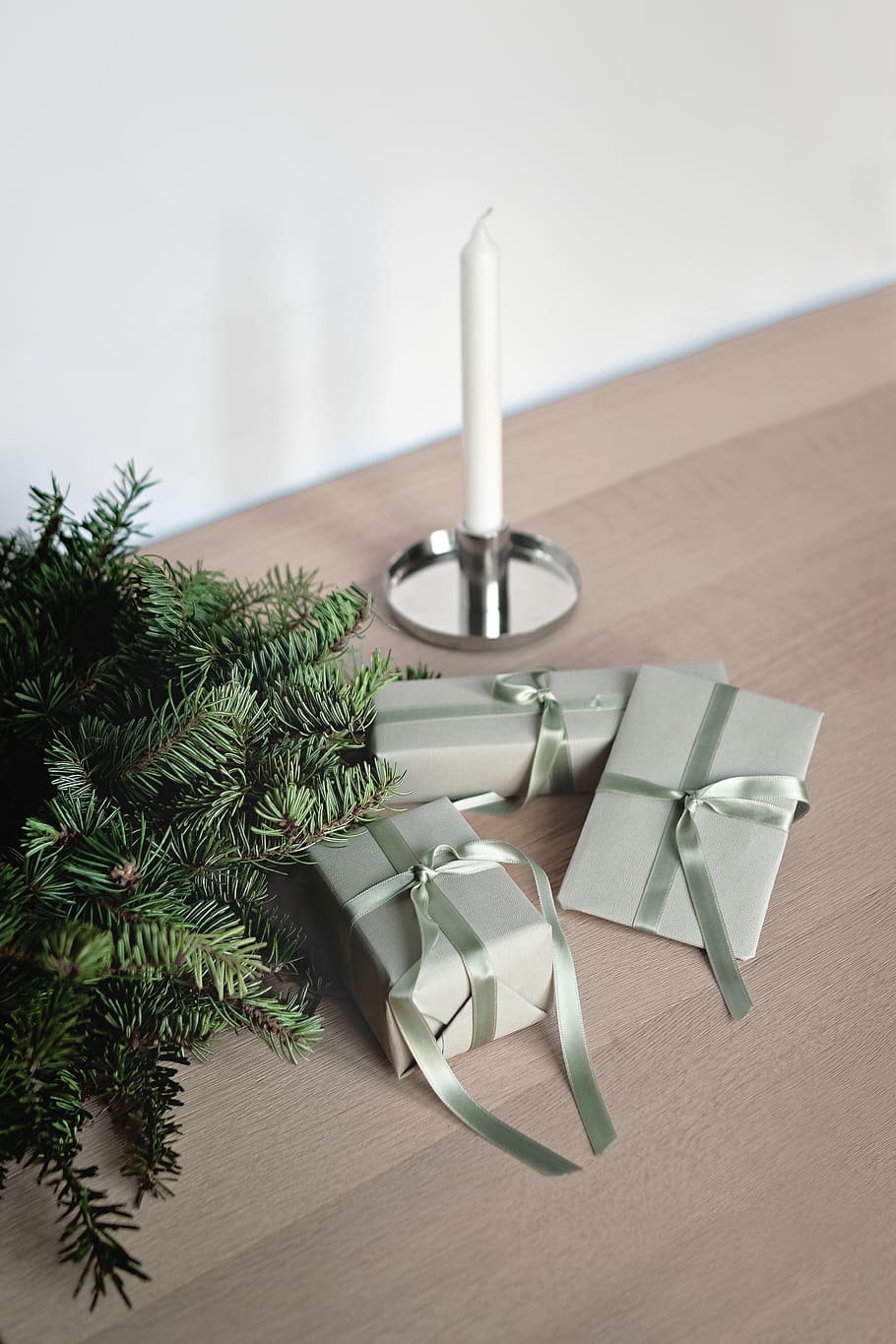 three gift boxes with ribbons on table, plant, tree, pine, conifer HD wallpaper