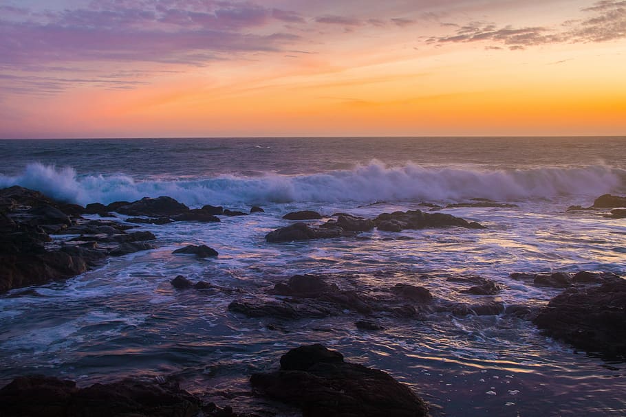 sunset, beach, coast, wave, dusk, sea, water, sky, beauty in nature HD wallpaper