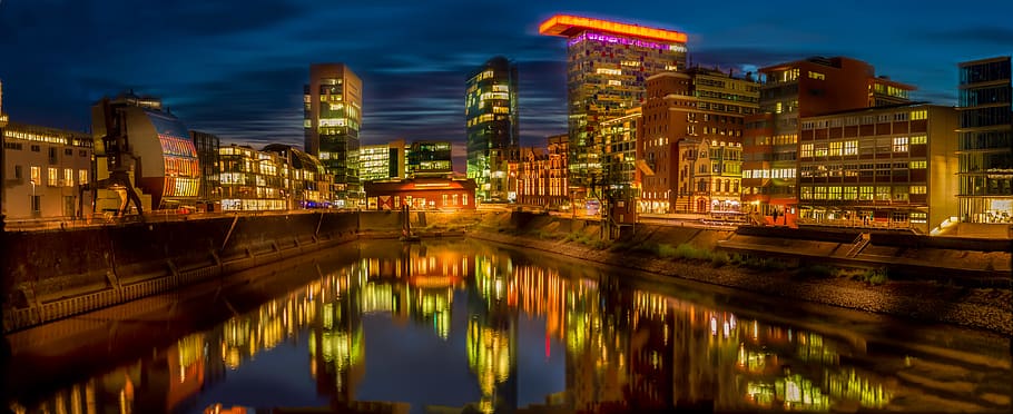 lighted high rise buildings, water, city, urban, town, outdoors HD wallpaper