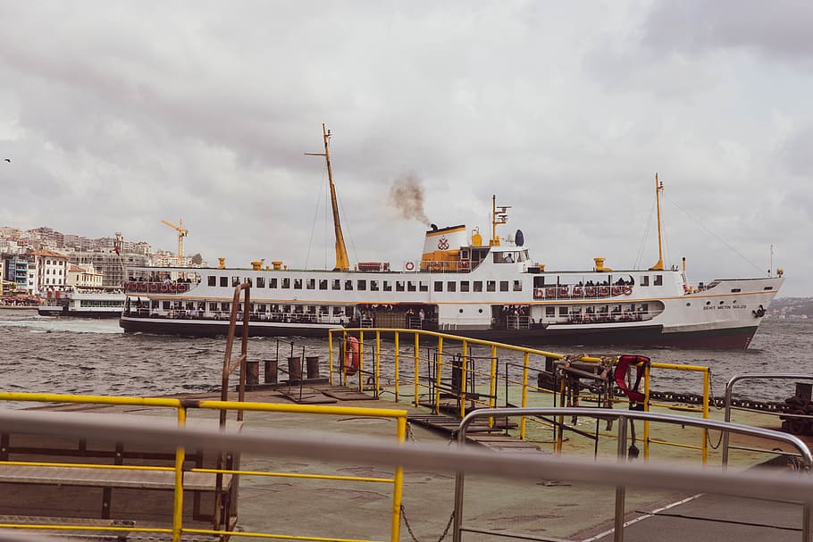 White Passenger Boat, ferry, harbor, ocean, port, sea, ship, transportation system HD wallpaper