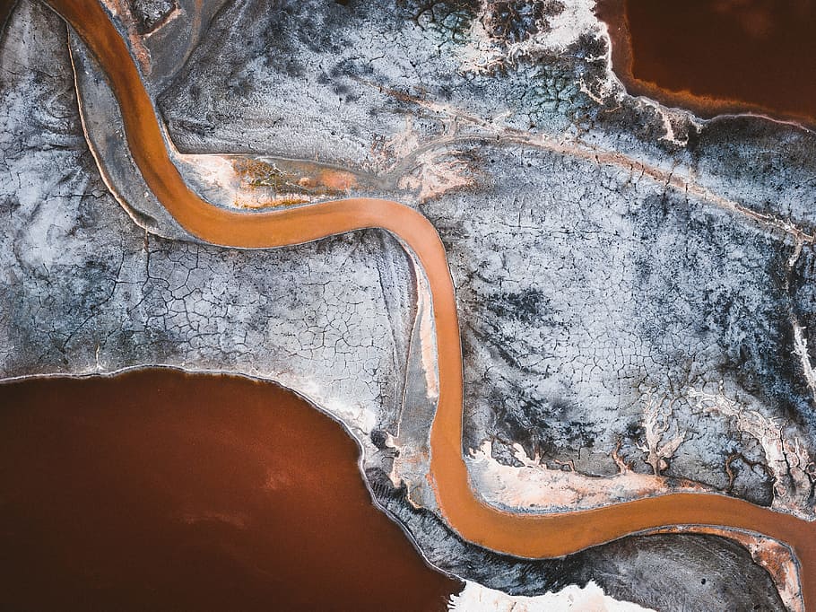 aerial photography of river through valley, water, mud, texture HD wallpaper