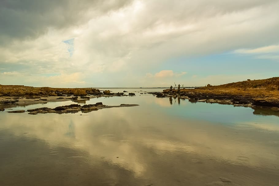mirroring, landscape, beach, sky, clouds, peaceful, scenery HD wallpaper