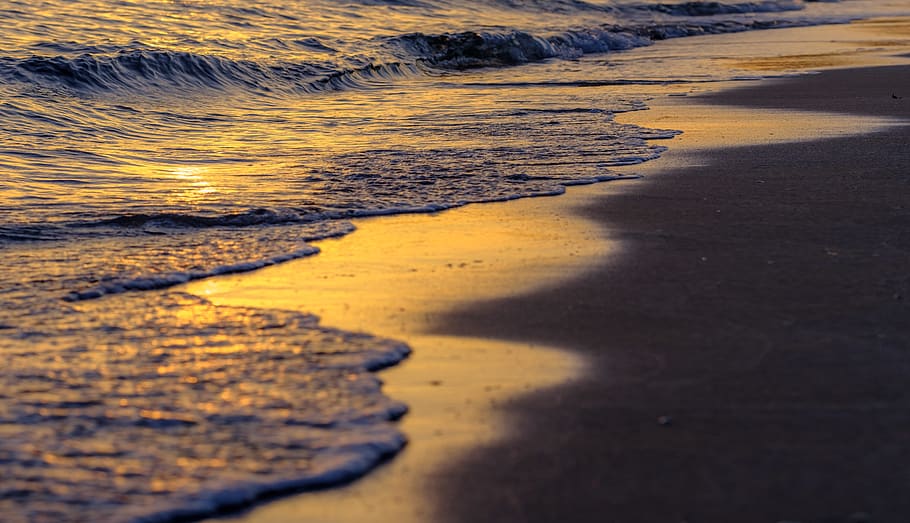 wave, beach, sunset, orange, coast, holidays, water, sea, landscape HD wallpaper