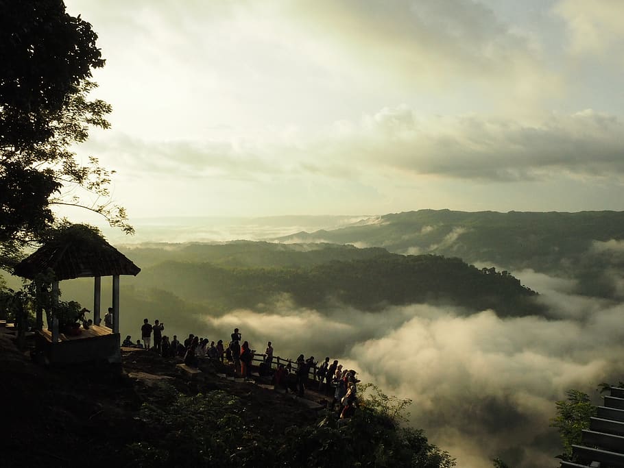 indonesia, mangunan, sky, tree, cloud - sky, group of people HD wallpaper