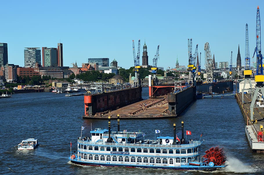 port, ship, cranes, city, hamburg, elbe, nautical vessel, transportation HD wallpaper