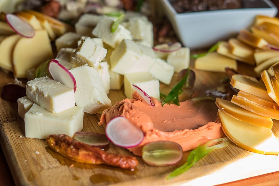Slice of Assorted Cheeses, cheese board, close-up, dairy product HD wallpaper