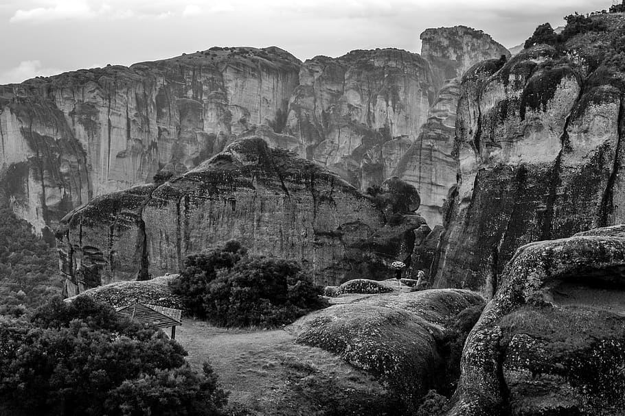 mountain ranges, nature, outdoors, cliff, meteora, greece, ruins HD wallpaper