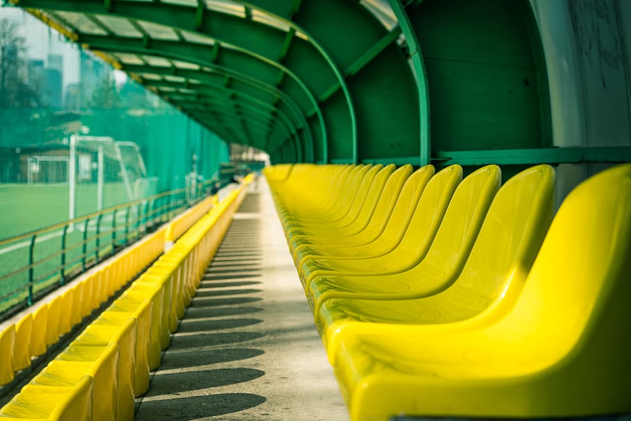 Yellow Bleachers, chairs, colors, contemporary, design, empty, HD wallpaper