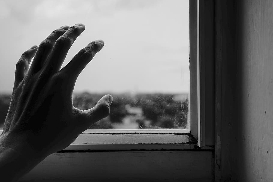 Close-Up Photography of Hand Near Window, 4k wallpaper, black-and-white, HD wallpaper