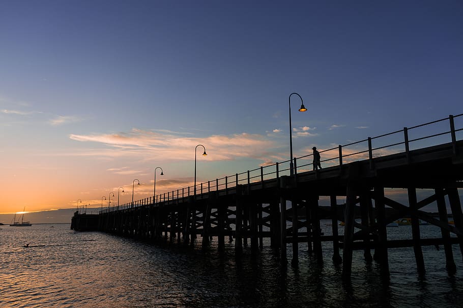 australia, coffs harbour, jetty beach, wharf, pier, sky, sunrise, HD wallpaper