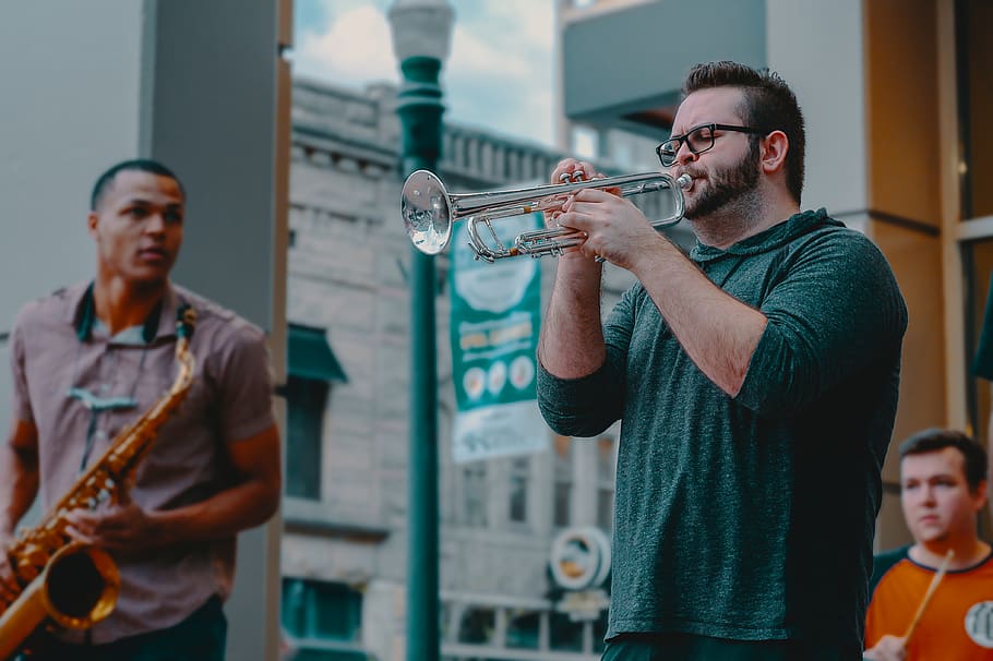 Man Playing Wind Instrument, adult, artist, band, busking, concert HD wallpaper