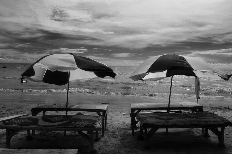 Grayscale Photography of Two Picnic Tables on Seashore, beach HD wallpaper